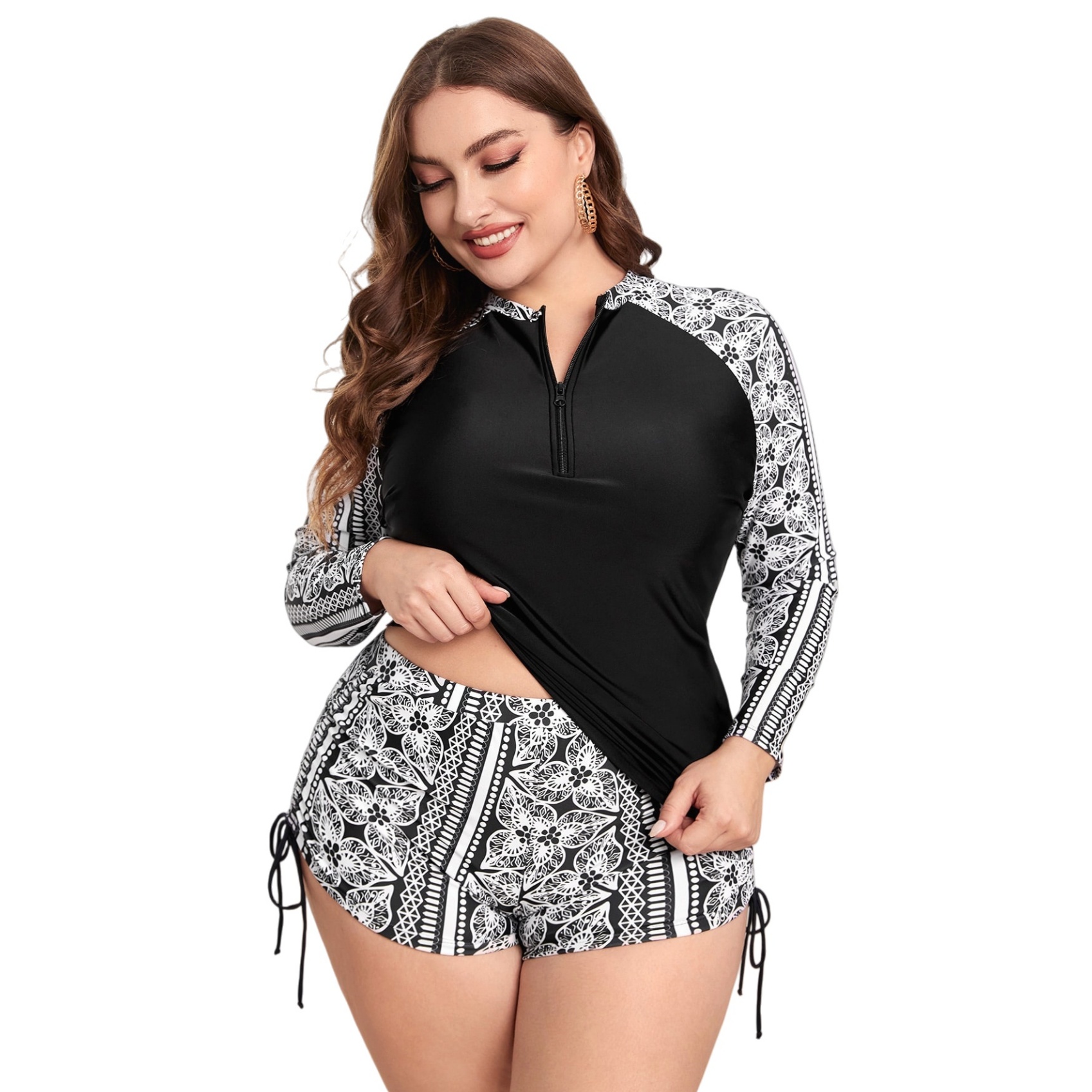 Plus Size Rash Guard Swimsuit Set Long Sleeve Patchwork Push Up 2 Piece Swimwear